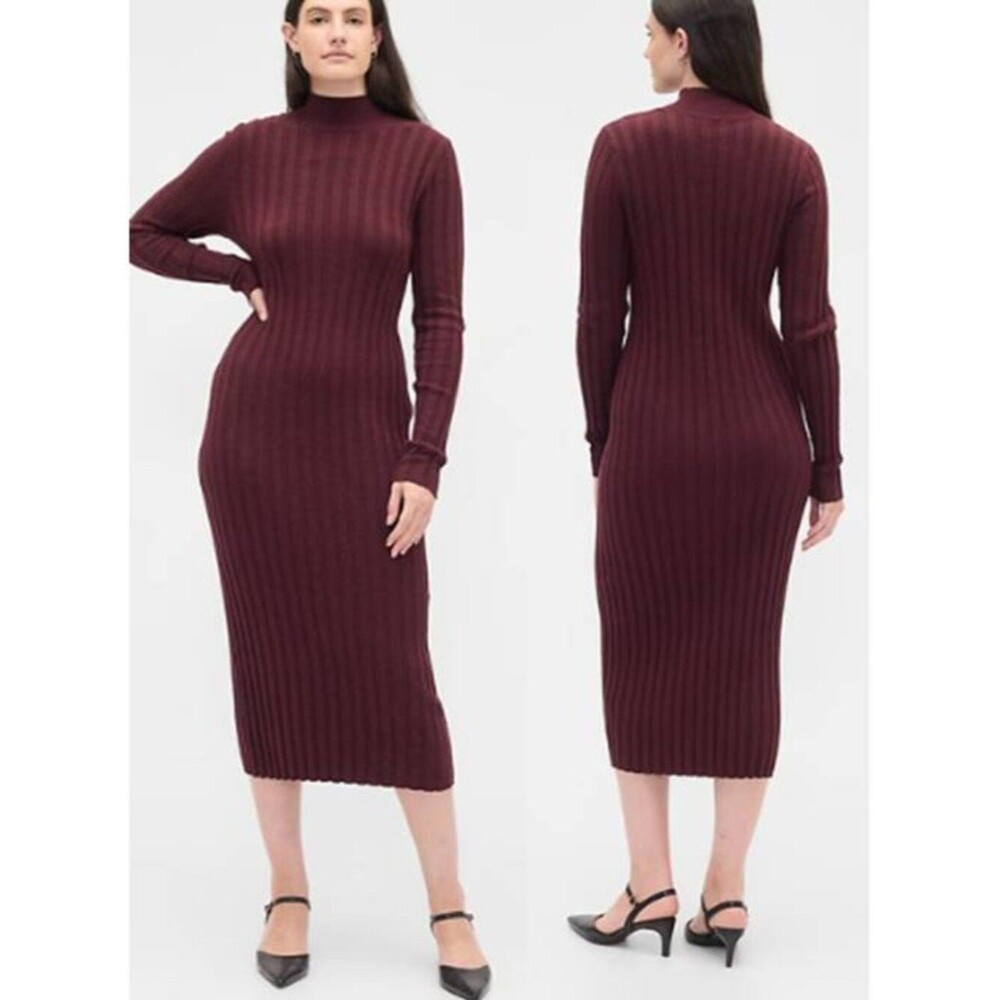 Gap CashSoft Ribbed Mockneck Midi Sweater Dress Cotton Blend Knit Cozy Deep Red